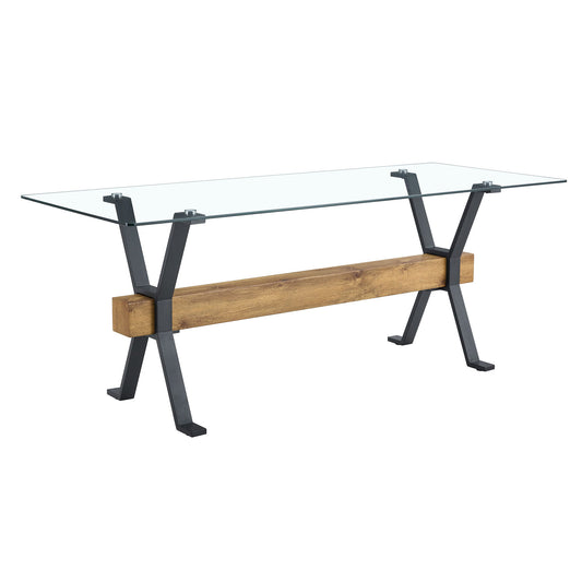 Elegant Tempered Glass Dining Table With X Shaped Metal Legs And Wood Grain Crossbeam - Black / Transparent Home Essentials