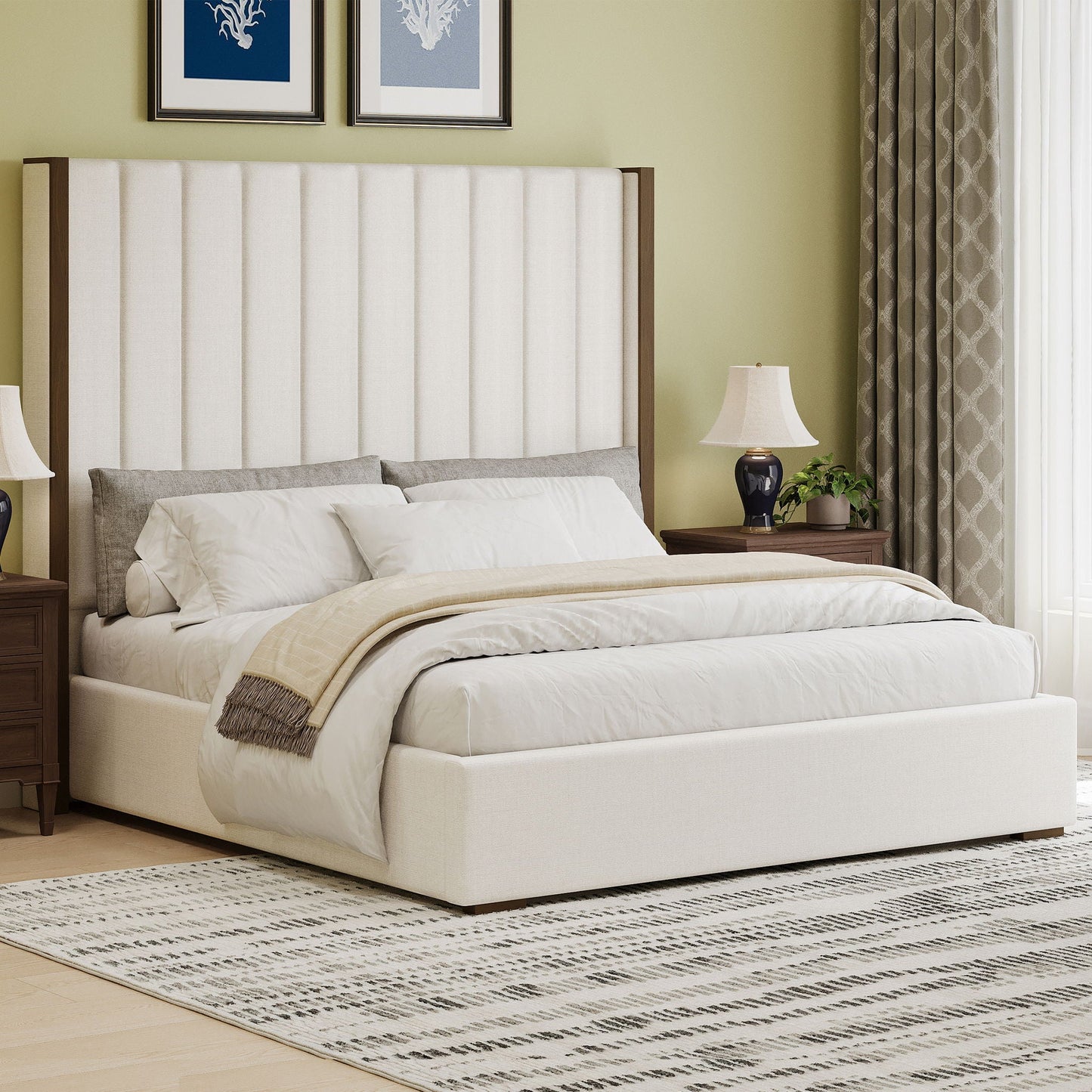 Tall Headboard Upholstered Bed With Vertical Striped And Wingback Design, Box Spring Needed Hearth and Haven