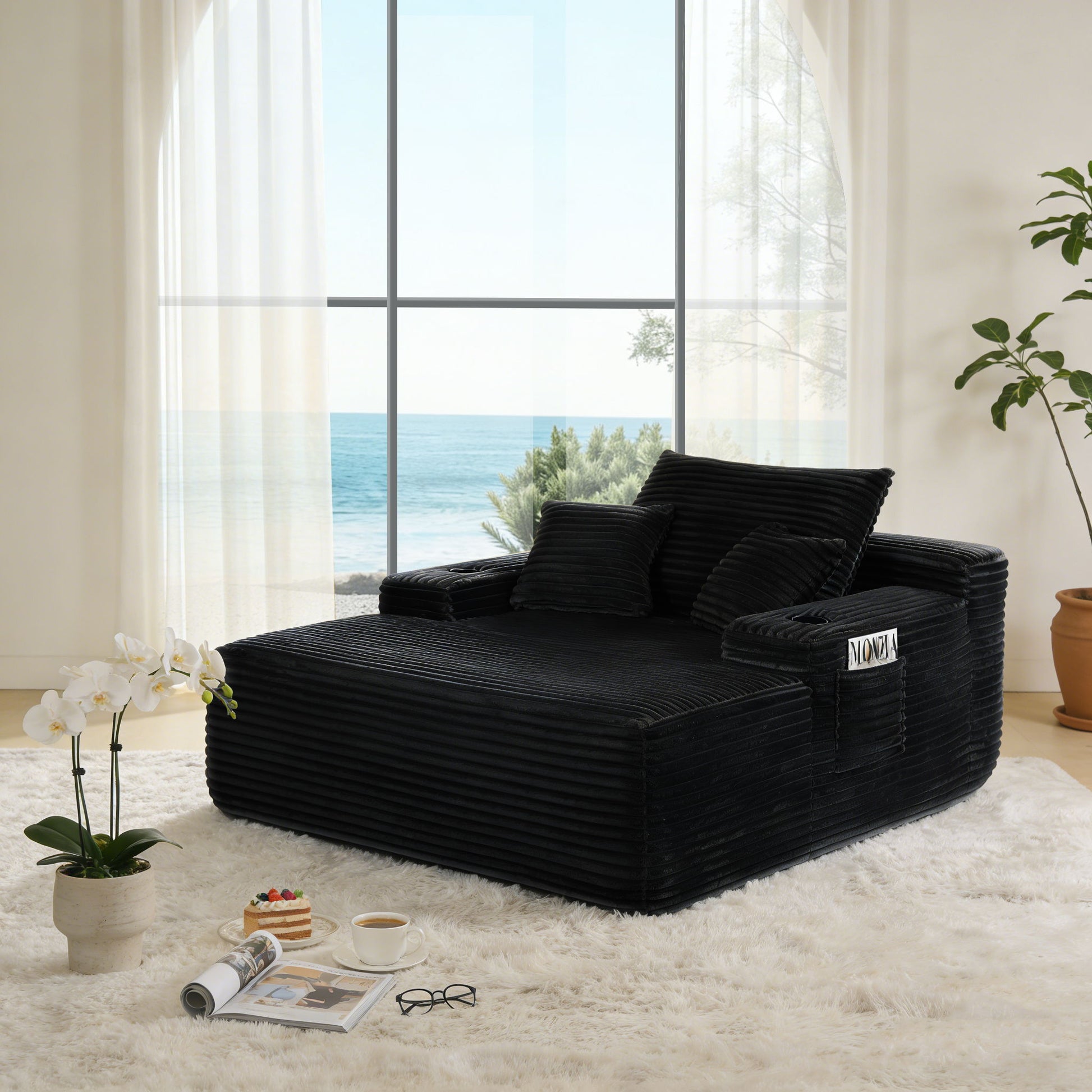 Convertible Chaise Lounge Chair With Wide Armrest & Throw Pillows - Black Home Essentials