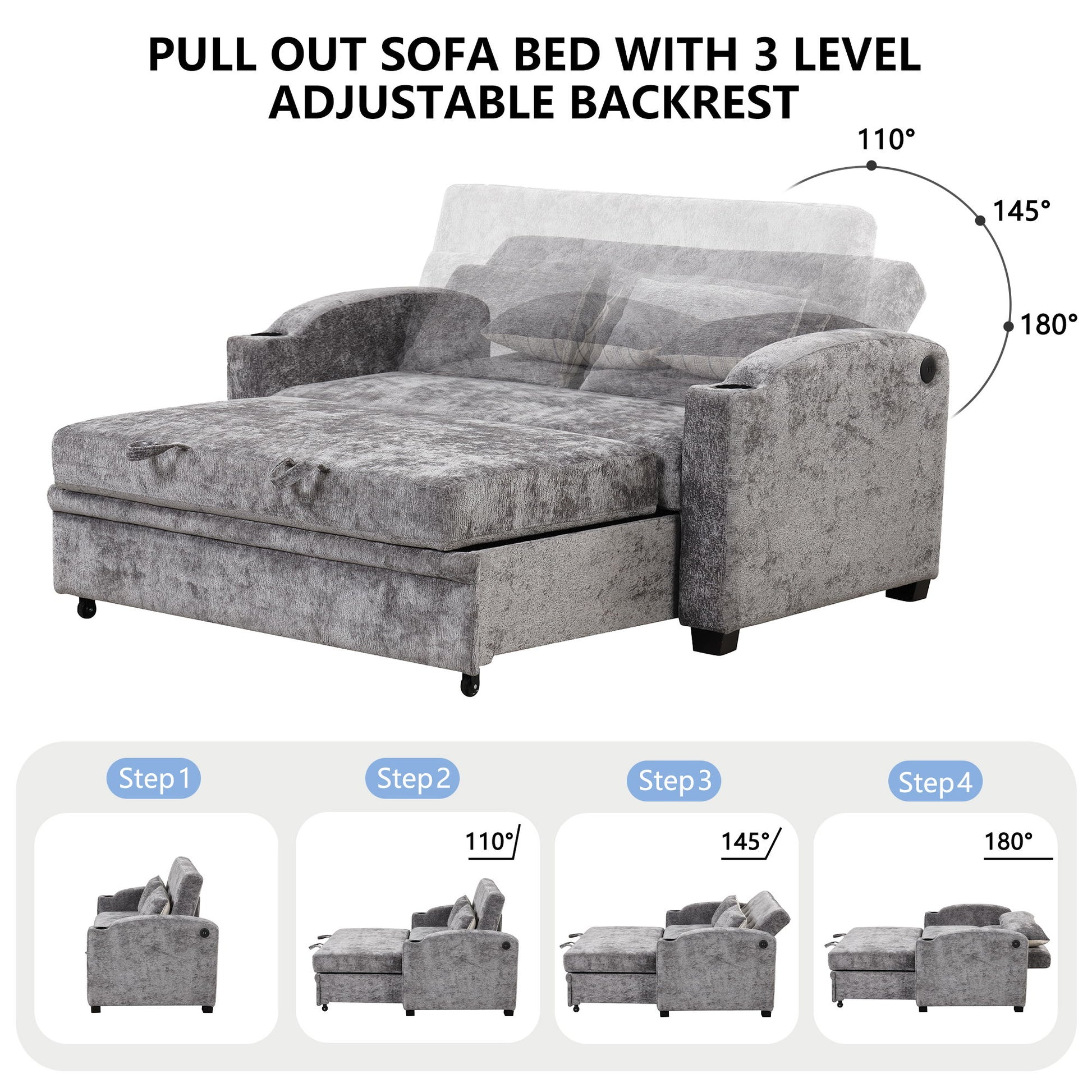 Pull Out Loveseat Sofa With Adjsutable Backrest, 2 Pillows, Cup Holders, USB Ports For Living Room Hearth and Haven