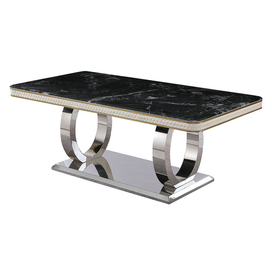 Luxury Modern Dining Table With Faux Marble Top And Dual Circle Base - Black Home Essentials