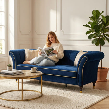 3 Seater Sofa With Rolled Arms, Vertical Channel Tufted Backrest