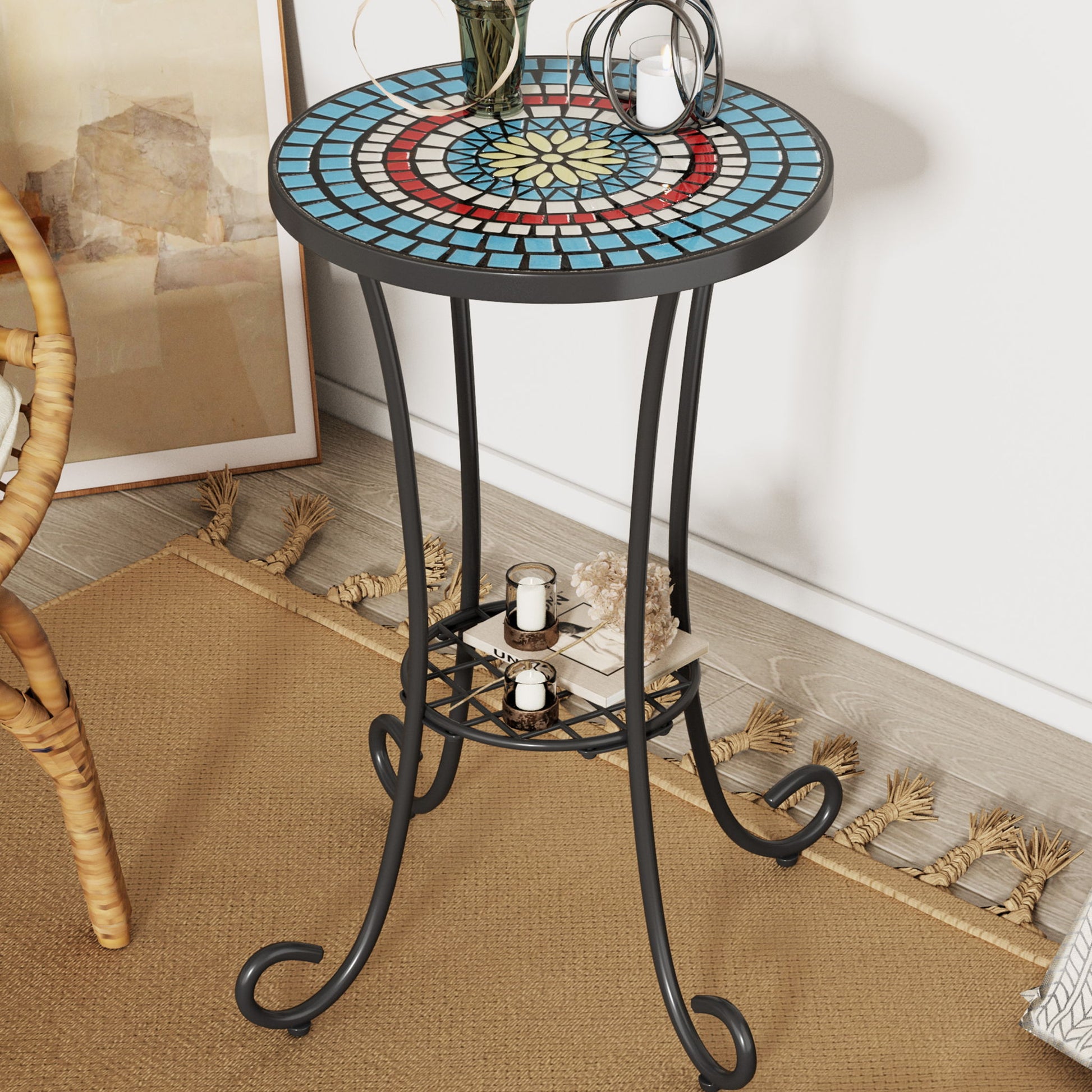 Ceramic Tile And Iron Patio Side Table With Shelf Noble House