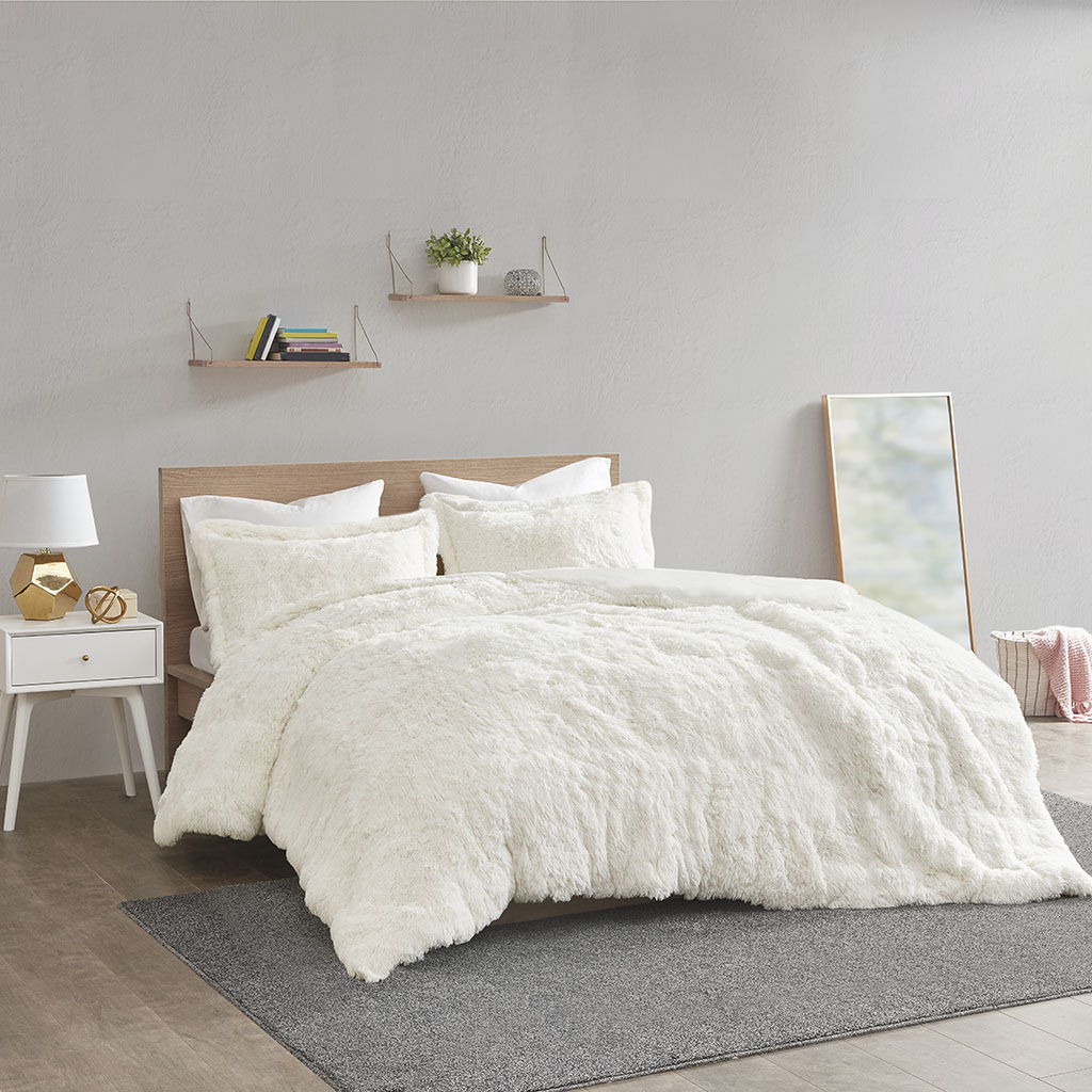 Malea - Twin Shaggy Duvet Cover Set - Ivory Intelligent Design