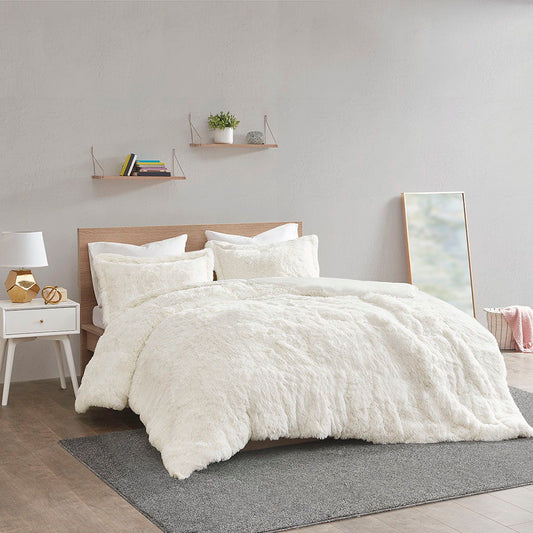 Malea - Twin Shaggy Duvet Cover Set - Ivory Intelligent Design