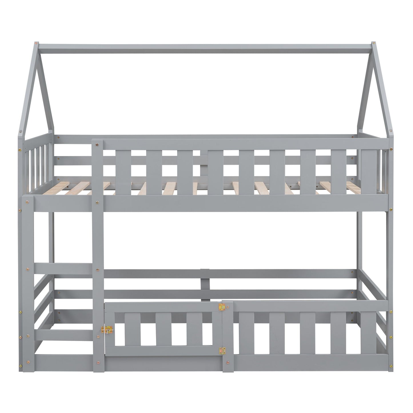 Twin Over Twin House Bunk Bed With Fence And Door Hearth and Haven