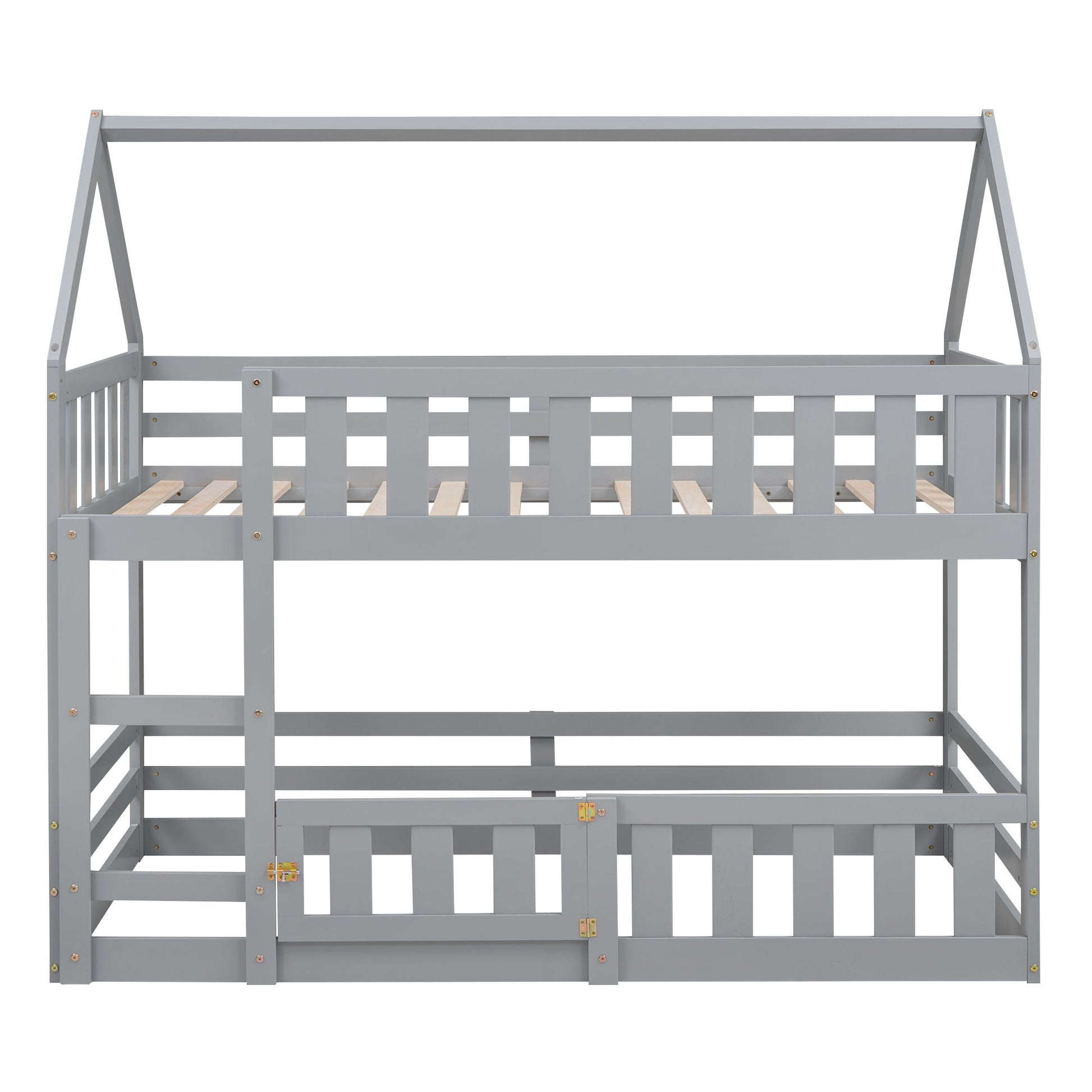 Twin Over Twin House Bunk Bed With Fence And Door Hearth and Haven