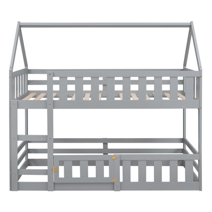 Twin Over Twin House Bunk Bed With Fence And Door Hearth and Haven