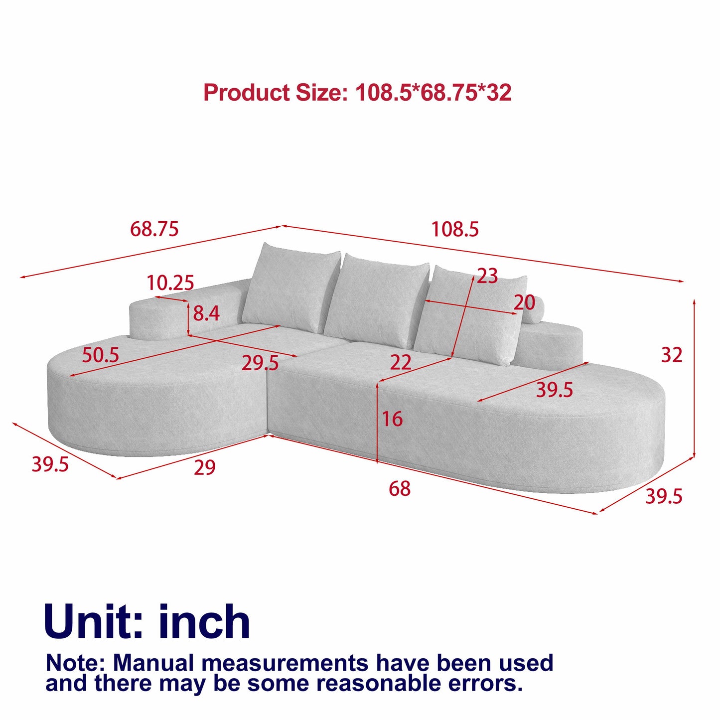 Modern Curved Sofa, L-Shaped Modular Sectional Set With 3 Pillows Home Essentials
