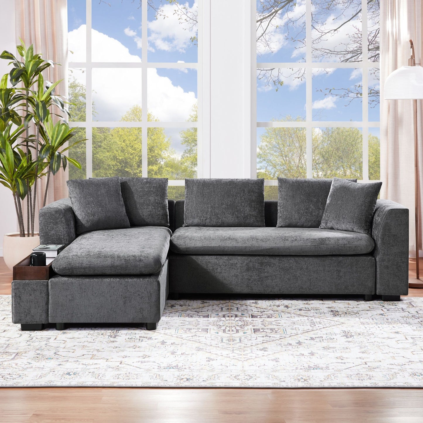 Modern L Shaped Sectional Sofa With Chenille Upholstery And Wooden Storage Hearth and Haven