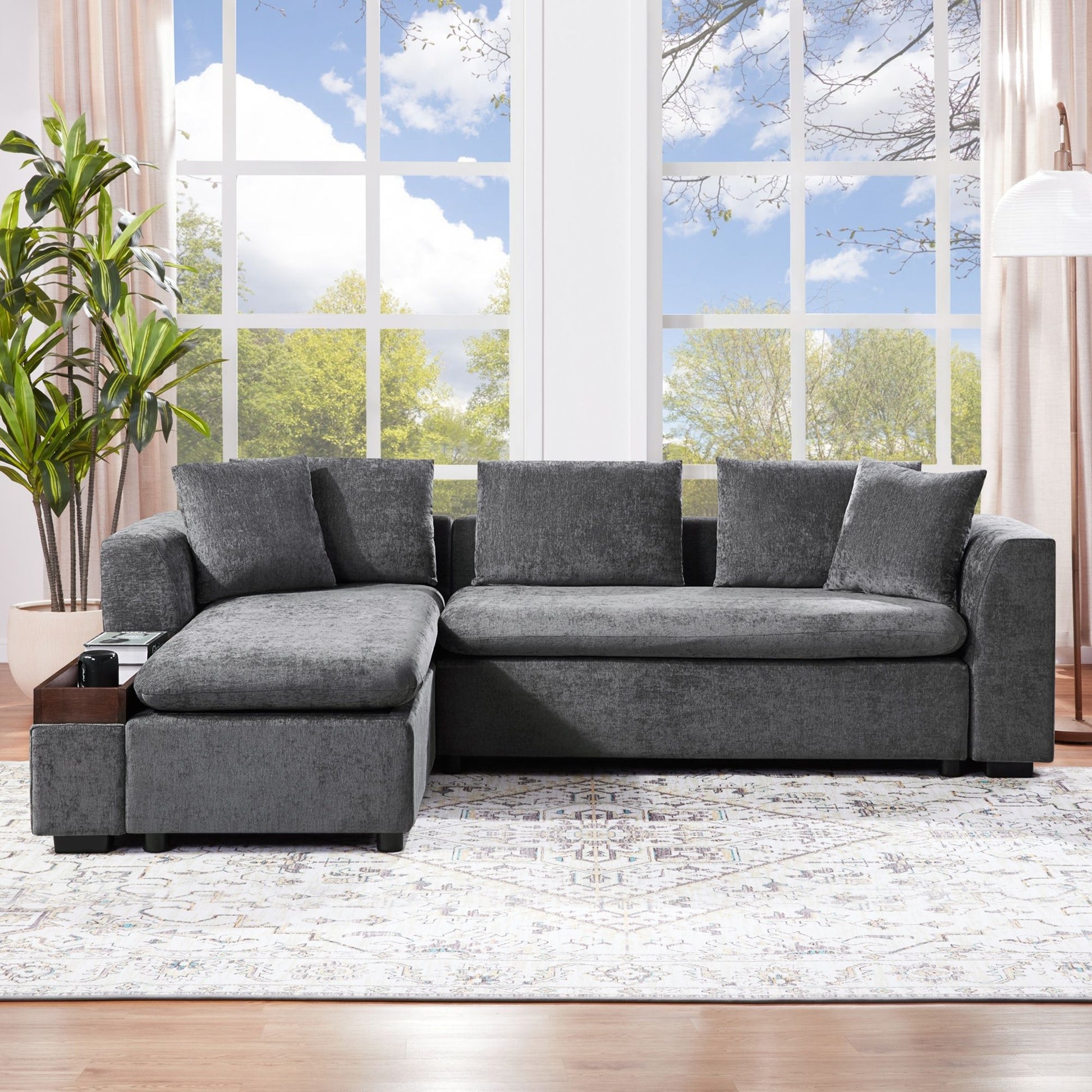 Modern L Shaped Sectional Sofa With Chenille Upholstery And Wooden Storage Hearth and Haven