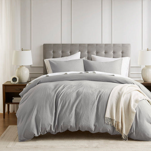 Mina - Full/Queen Waffle Weave Textured Duvet Cover Set - Light Gray Super Listing