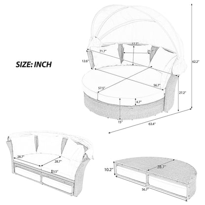 Outdoor Patio Daybed Wicker Rattan Double Daybed Round Sofa Furniture Set With Retractable Canopy, 4 Pillows For Lawn Garden Hearth and Haven
