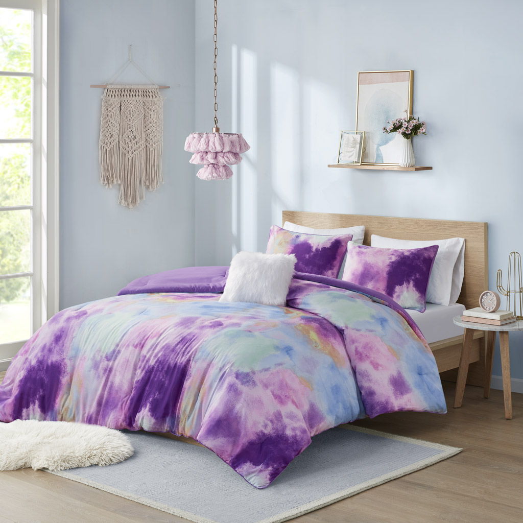 Cassiopeia - Twin Watercolor Tie Dye Printed Comforter Set With Throw Pillow - Lavender