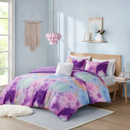 Cassiopeia - Twin Watercolor Tie Dye Printed Comforter Set With Throw Pillow - Lavender