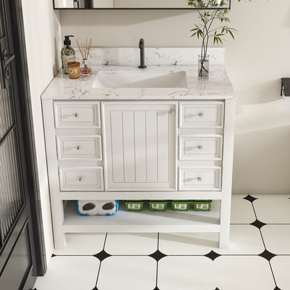 37" Bathroom Vanity, Multi Functional Cabinet With Doors And Drawers, Frame, Single Faucet Hole - White Home Essentials