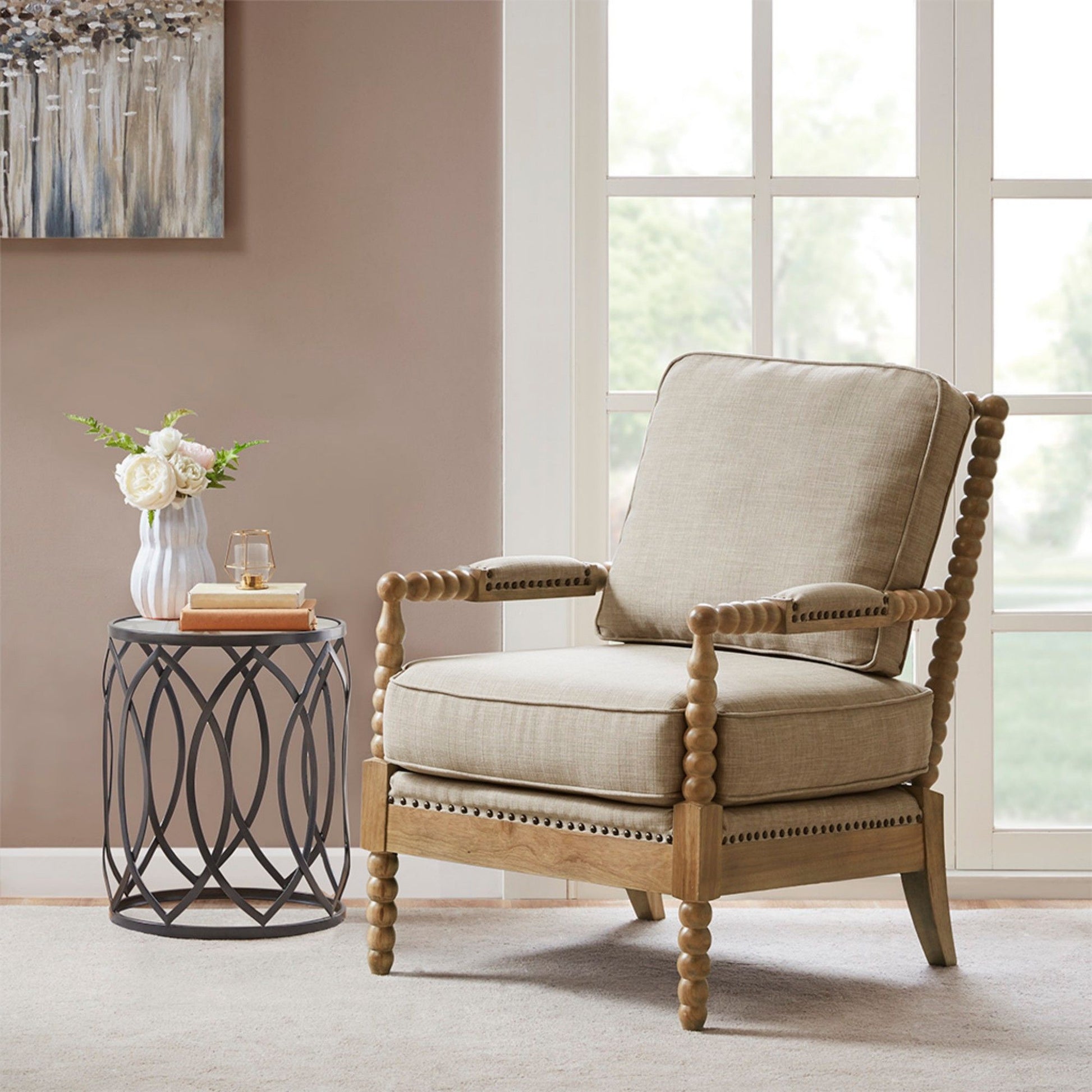 Arm Chair With Open Back Spindle Design, Padded Armrests JLA