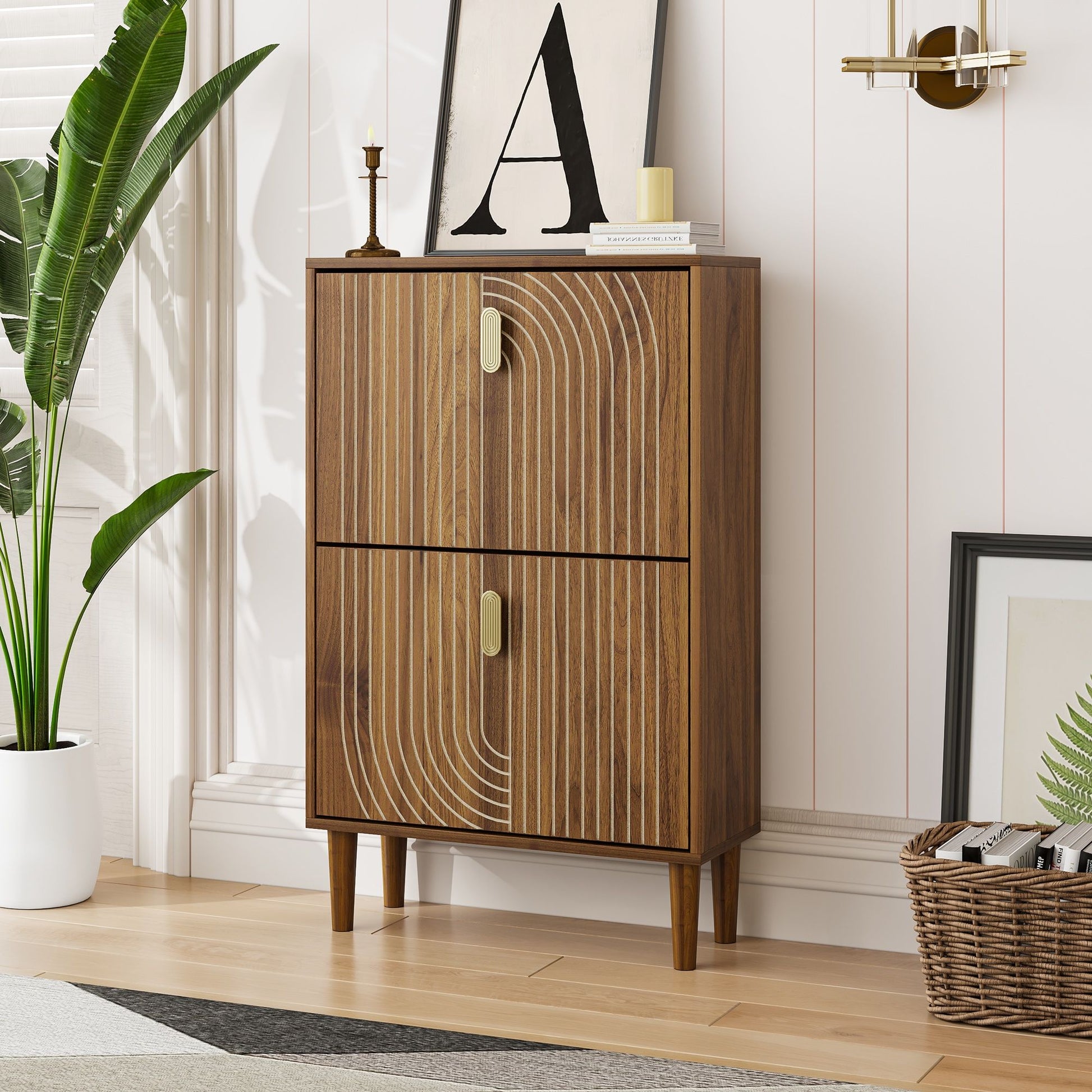 Modern Minimalist Shoe Storage Cabinet With 2 Flip Drawers And Metal Handles - Brown Daily Nest