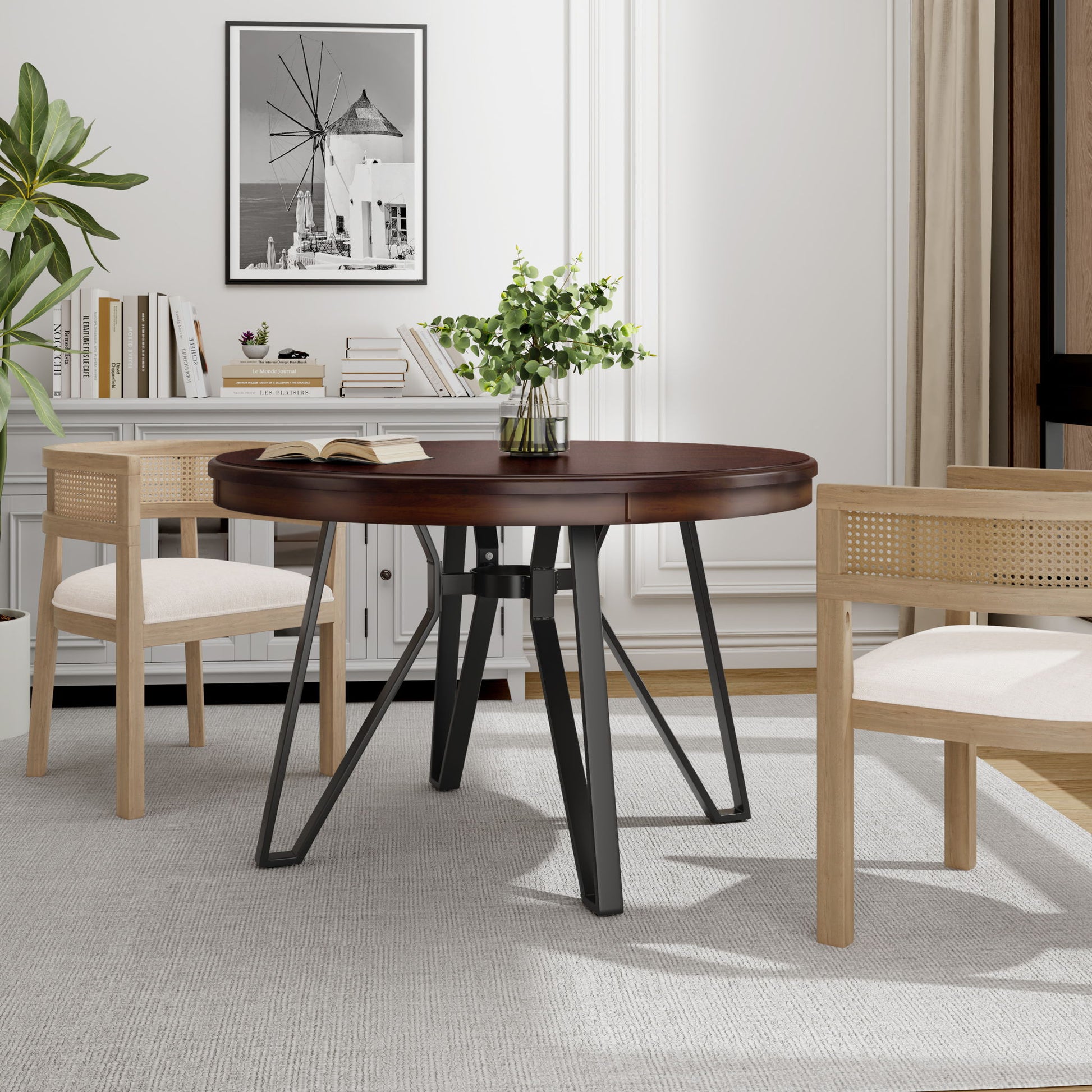 Mid Century Modern Round Dining Table With Metal Legs And Open Shelf Noble House