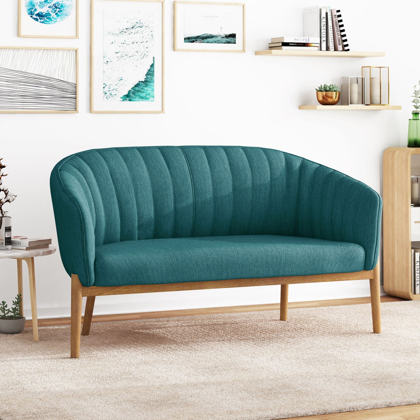 Mid Century Modern Loveseat With Channel Stitched Backrest Noble House