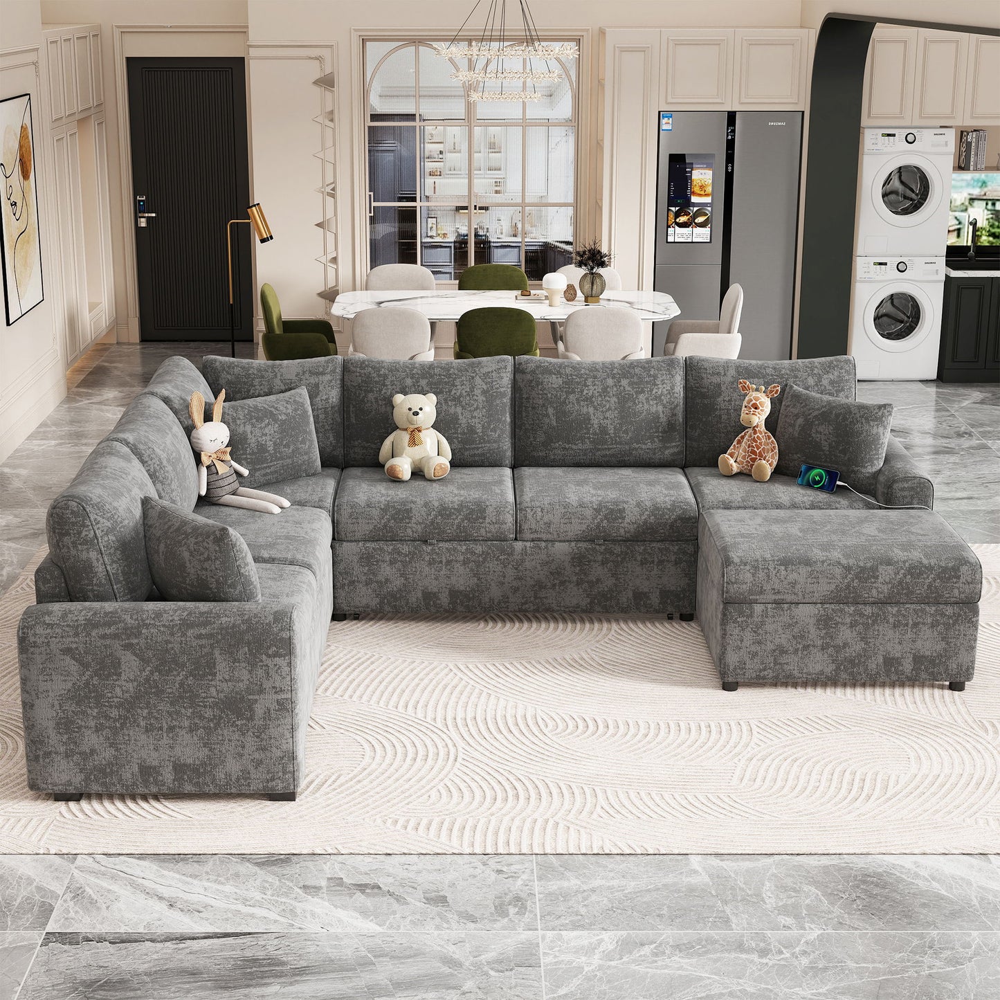 Sectional Sofa Pull-Out Sofa Bed Sleeper With A Storage Ottoman, Three Pillows And Charging Devices For Living Room Hearth and Haven