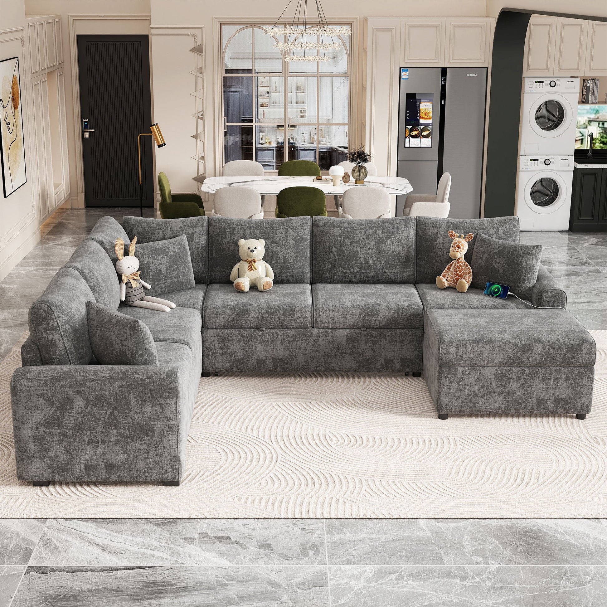 Sectional Sofa Pull-Out Sofa Bed Sleeper With A Storage Ottoman, Three Pillows And Charging Devices For Living Room Hearth and Haven