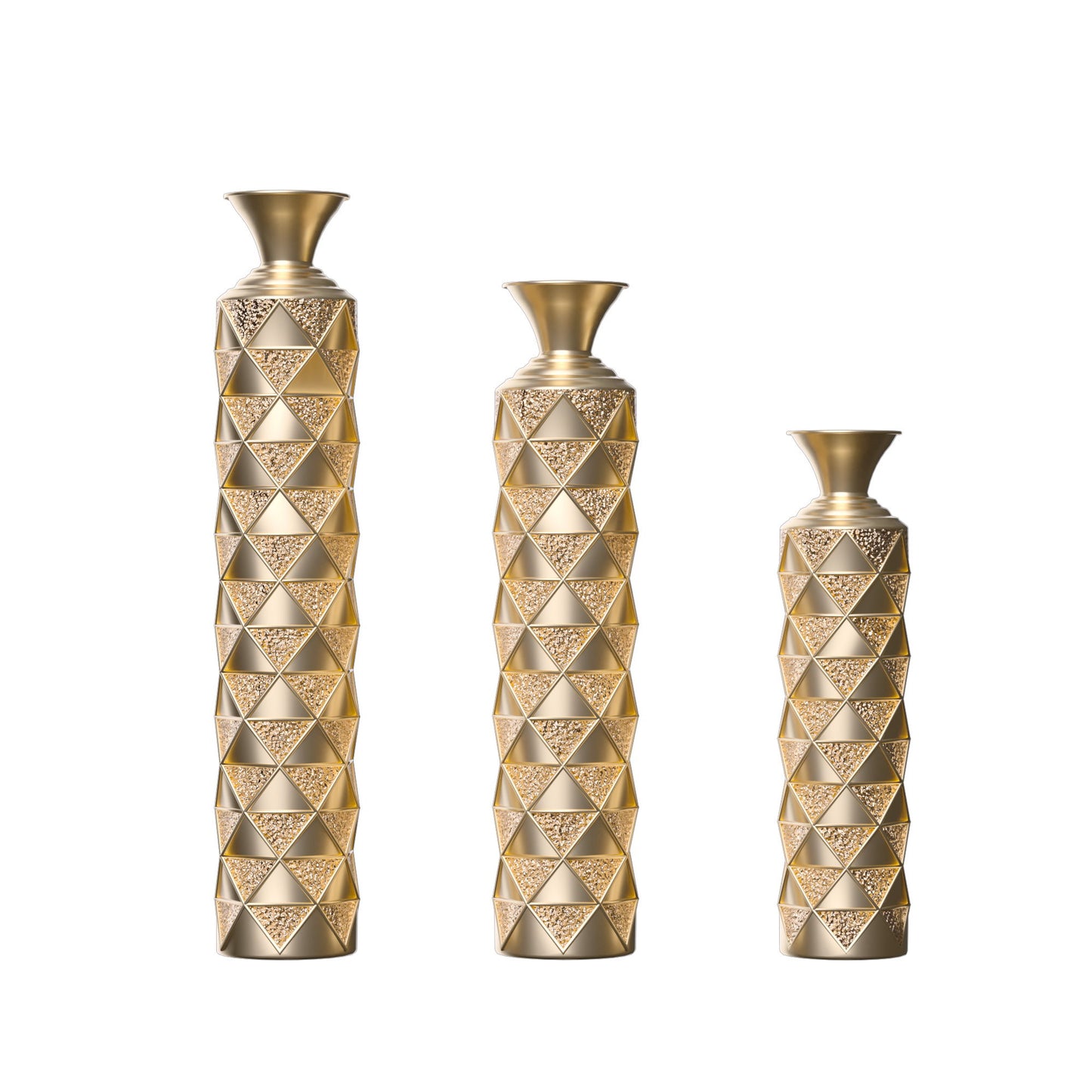 Metal Decorative Vase High Distress Metal Center Vase With 3D Triangle Pattern, (Set of 3) Vases For Home Decoration - Gold Daily Nest
