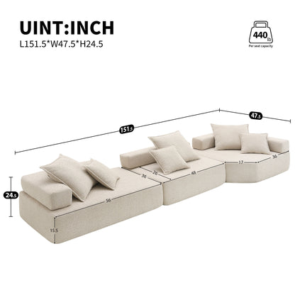 151.5" Oversized Modular Sectional Sofa, Luxury Boucle Floor Couch Set, Convertible Sleeper Couch, Spacious Foam-Filled Sofa Bed For Living Room, 3 Piece Free Combination - Beige