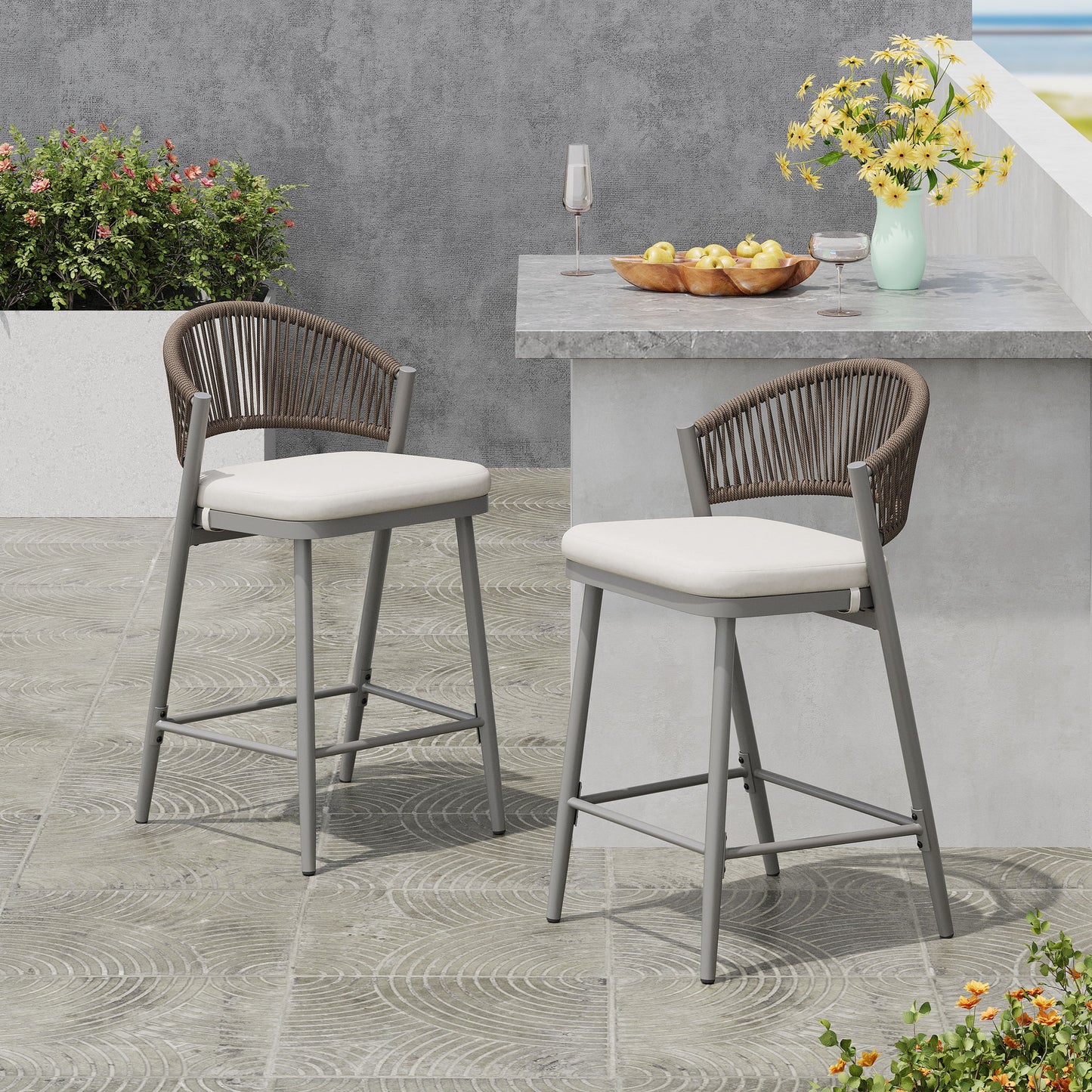 Outdoor 26" Counter Height Metal Frame Counter Stools With Scallop Shaped Backrest & Water Resistant Cushions Noble House