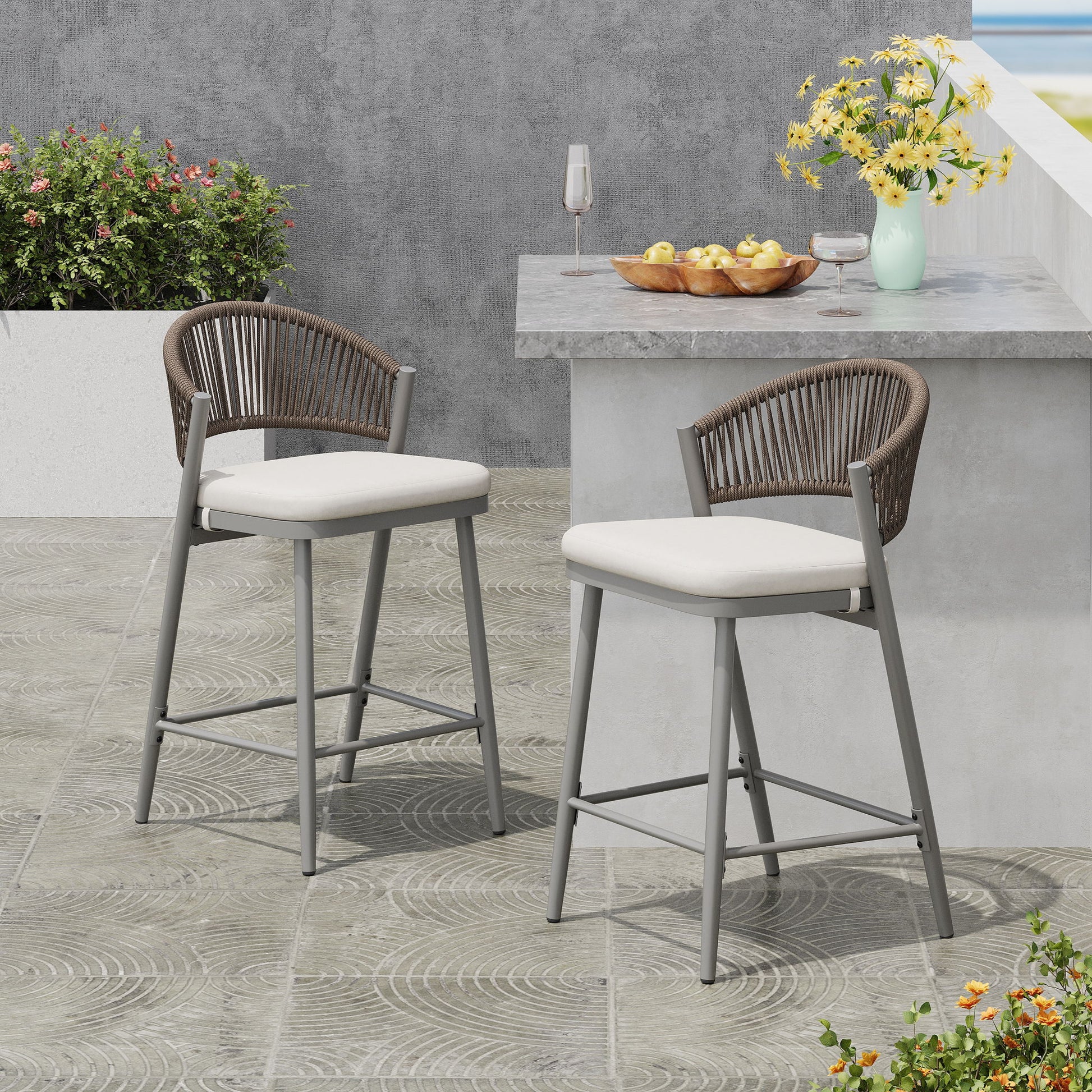Outdoor 26" Counter Height Metal Frame Counter Stools With Scallop Shaped Backrest & Water Resistant Cushions Noble House