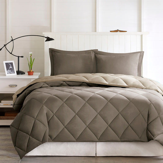 Larkspur - 3M Scotchgard Diamond Quilting Reversible Down Alternative Comforter Set - Brown / Sand Madison Park Essentials