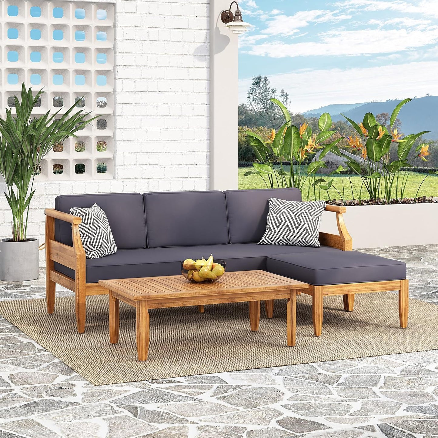 Bianca - Outdoor 3 Seater Sofa Chat Set With Ottoman - Teak Noble House