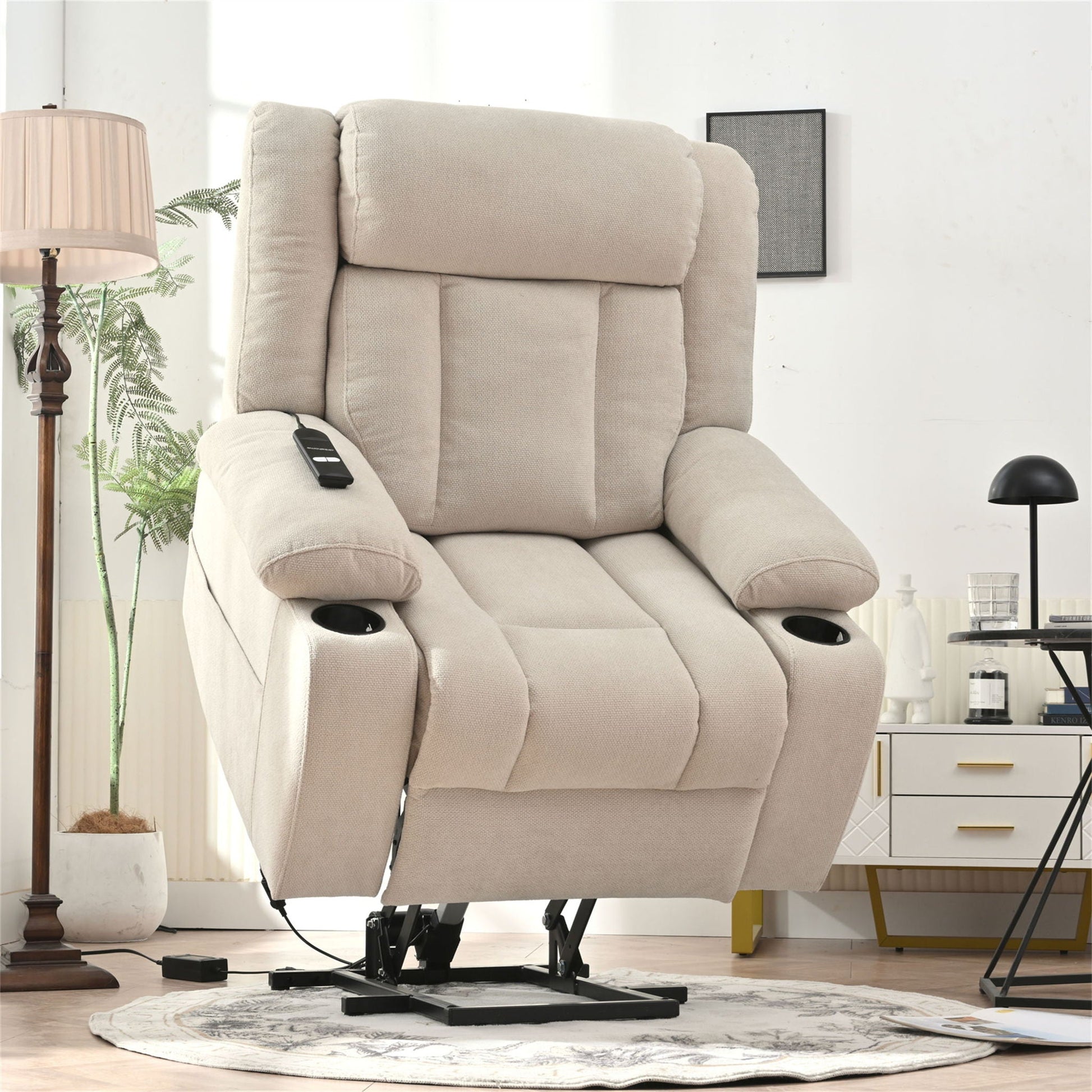 Power Lift Recliner Chair With Extended Footrest, Remote Control, Cup Holders, And Side Pockets Home Essentials