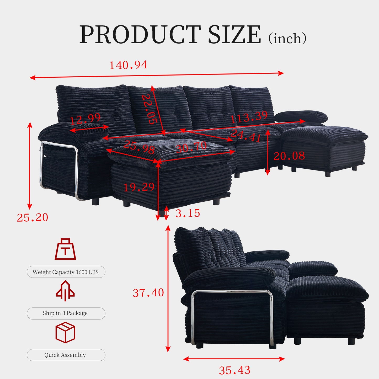 Upholstery Modular Sectional Sofa , 4 Seater With 2 Ottomans For Living Room - Black Home Essentials