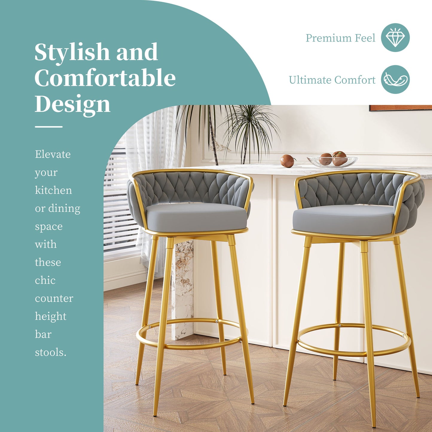 Modern Low Back Upholstered Counter Height Bar Stools (Set of 2) Noble House