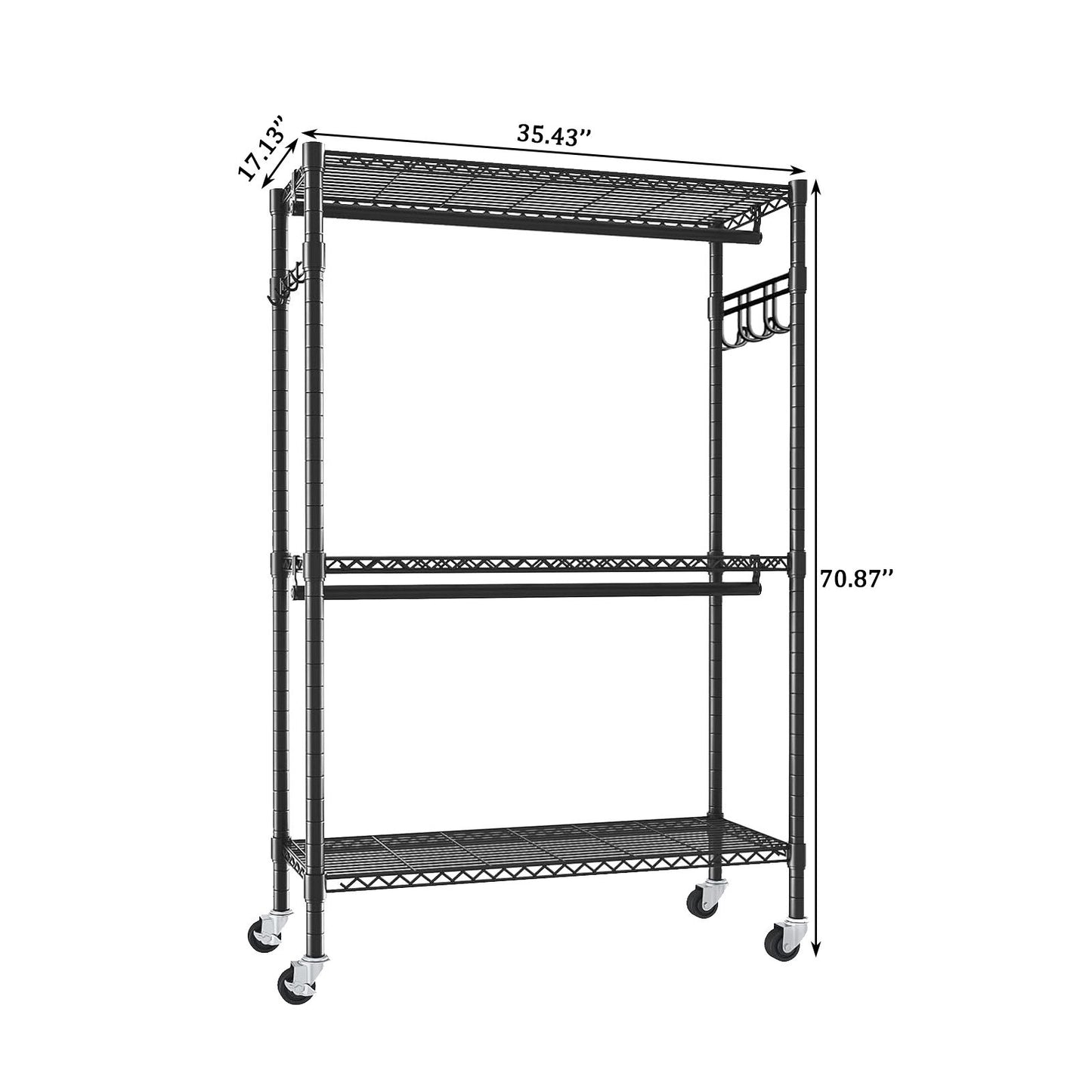 Heavy Duty Rolling Clothes Rack With 3 Tier Shelves, 2 Rails & Side Hooks, Adjustable Freestanding Organizer Metal - Black Daily Nest