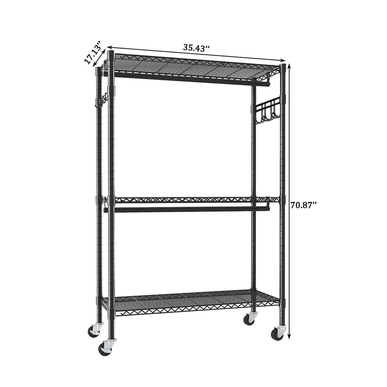 Heavy Duty Rolling Clothes Rack With 3 Tier Shelves, 2 Rails & Side Hooks, Adjustable Freestanding Organizer Metal - Black Daily Nest