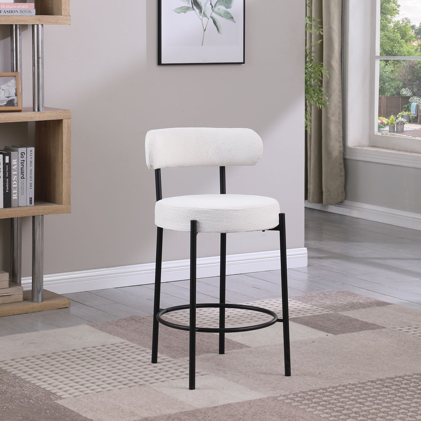 Modern Sherpa Counter Height Stools, Uphsoltered Seat Height Barstools With Brushed Brass Metal Legs Round Low Back Kitchen Stools With Footrest For Dining Room (Set of 2) Home Essentials