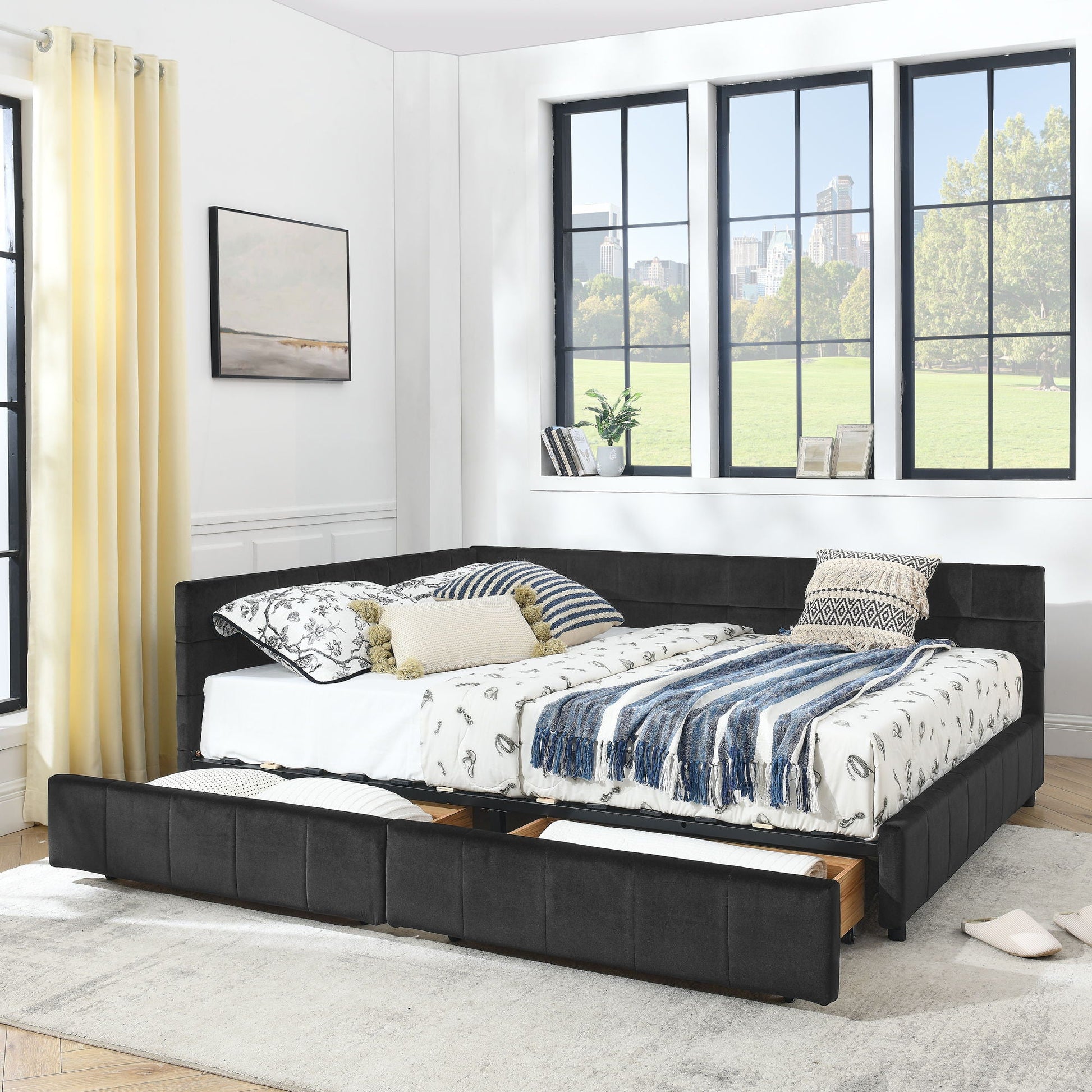 Mid-Century Storage Upholstered Tufted Bed Frame With Backrest And Armrests Home Essentials