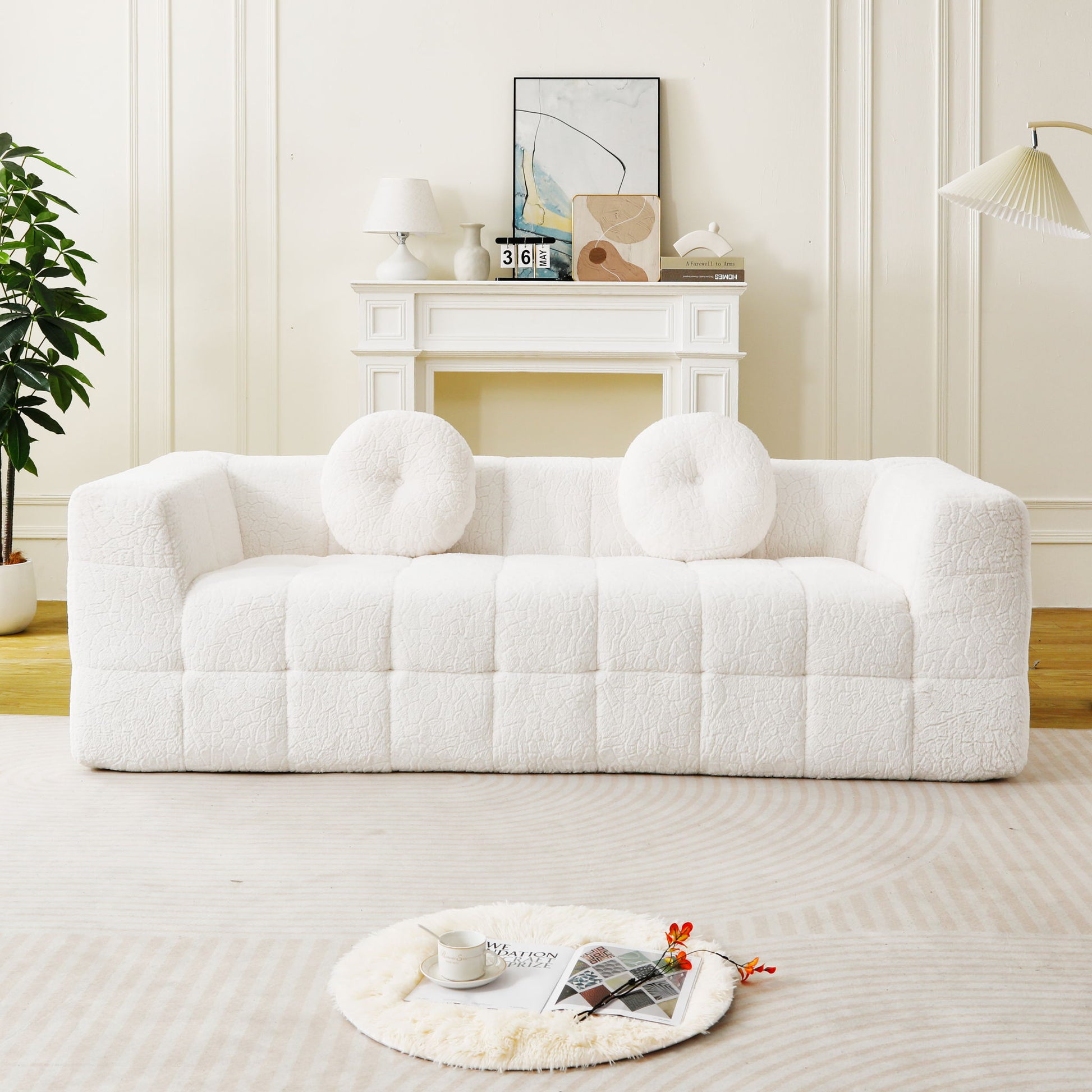 Boneless 3 Seater Sofa With Circular Throw Pillows - Beige Home Essentials