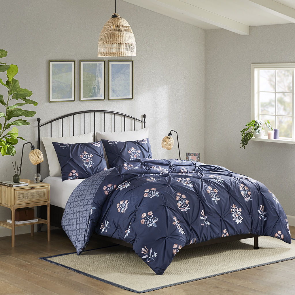 Marfa - 3 Piece Pintuck Duvet Cover Set - Navy