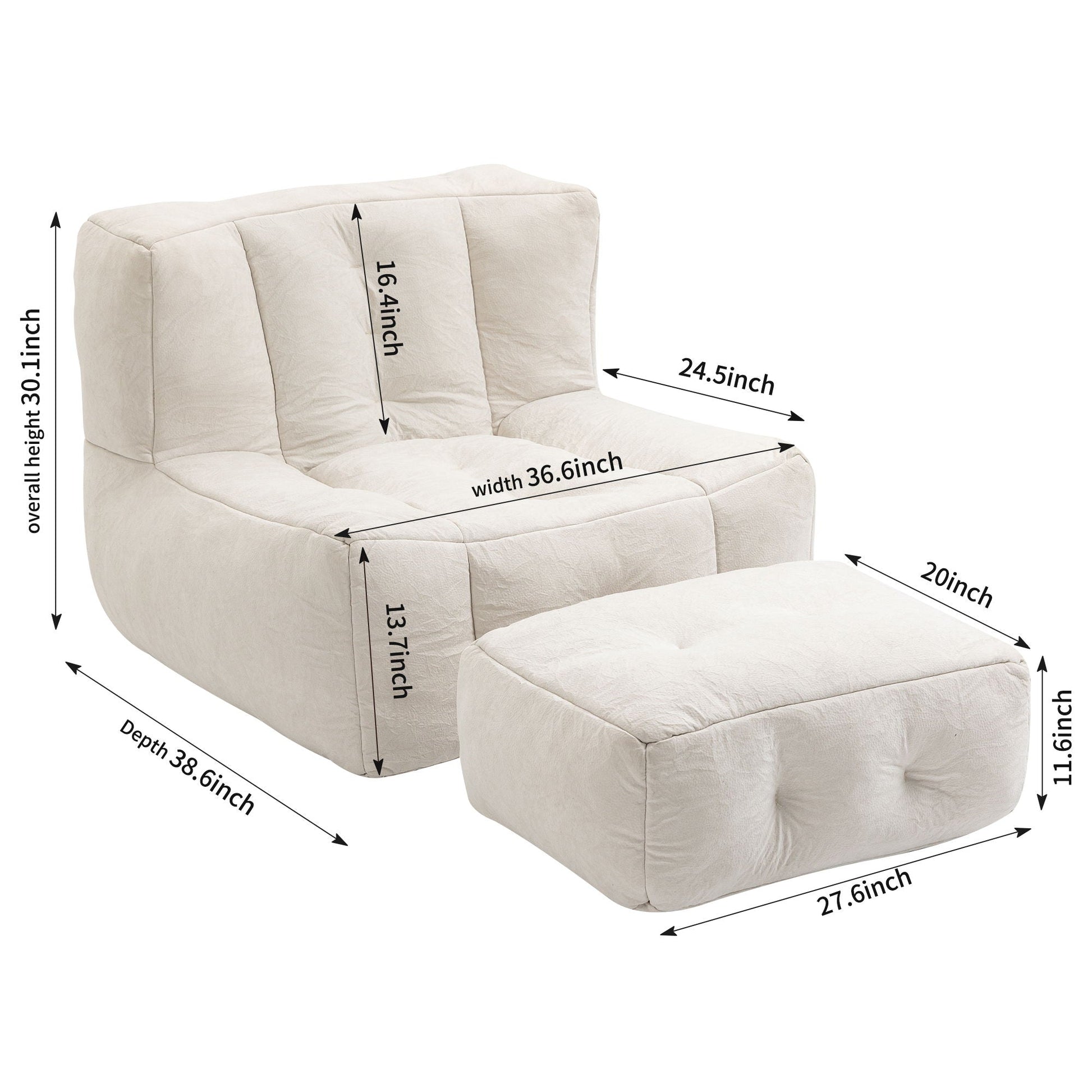 Modern Indoor Fluffy Bean Bag Chair With Memory Foam And Ottoman, Super Soft Home Essentials