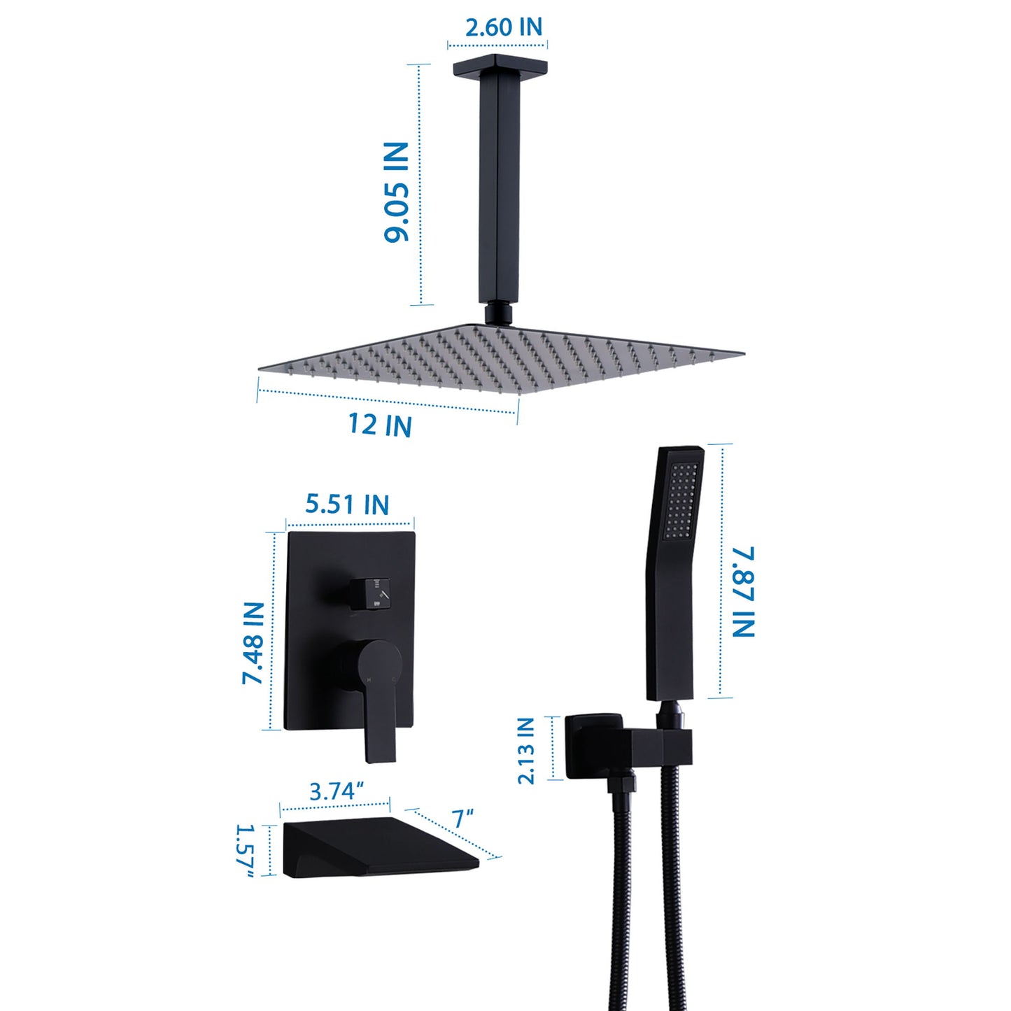 Contemporary Shower System With 12" Rainfall Head And Handheld Spray, Wall Mounted Daily Nest