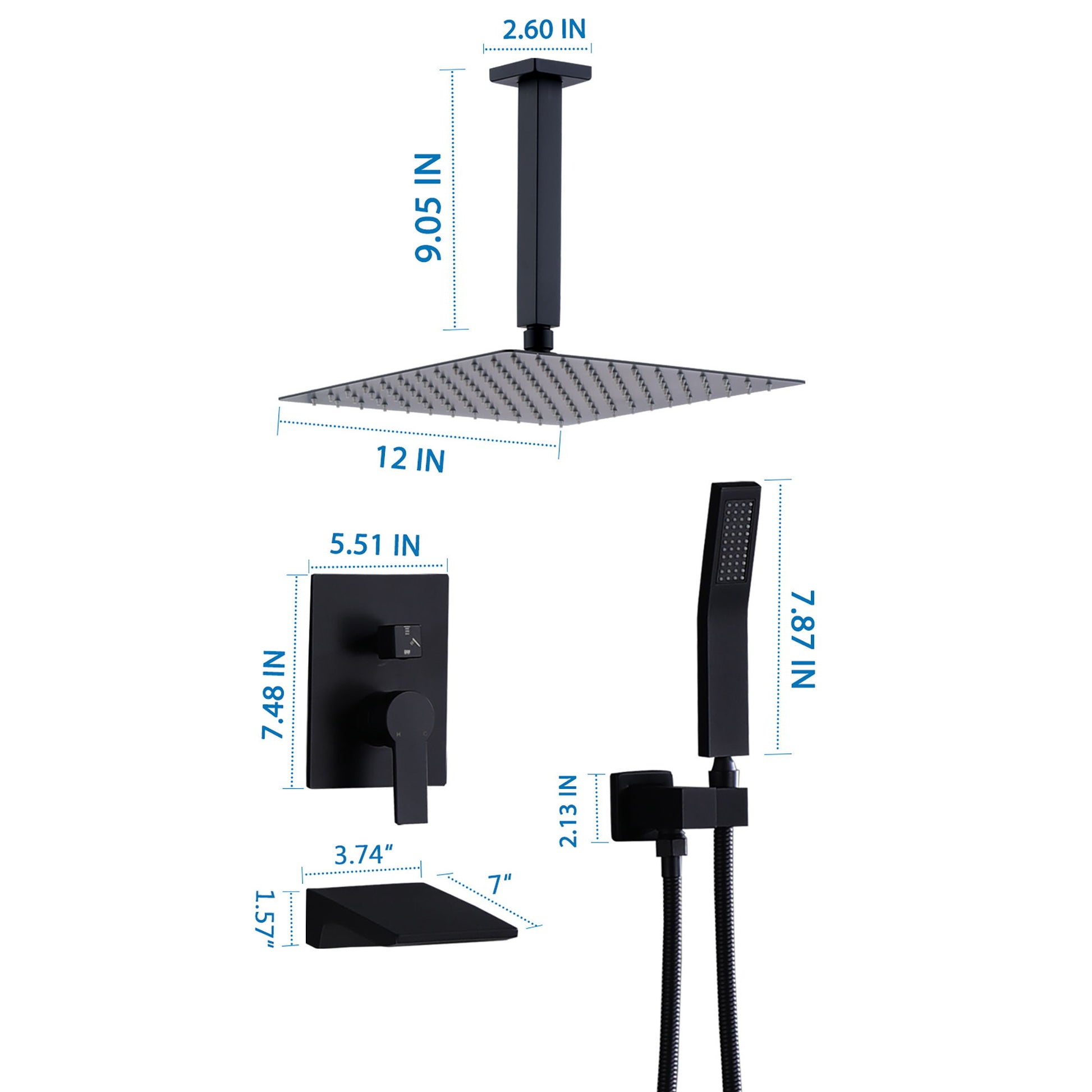 Contemporary Shower System With 12" Rainfall Head And Handheld Spray, Wall Mounted Daily Nest