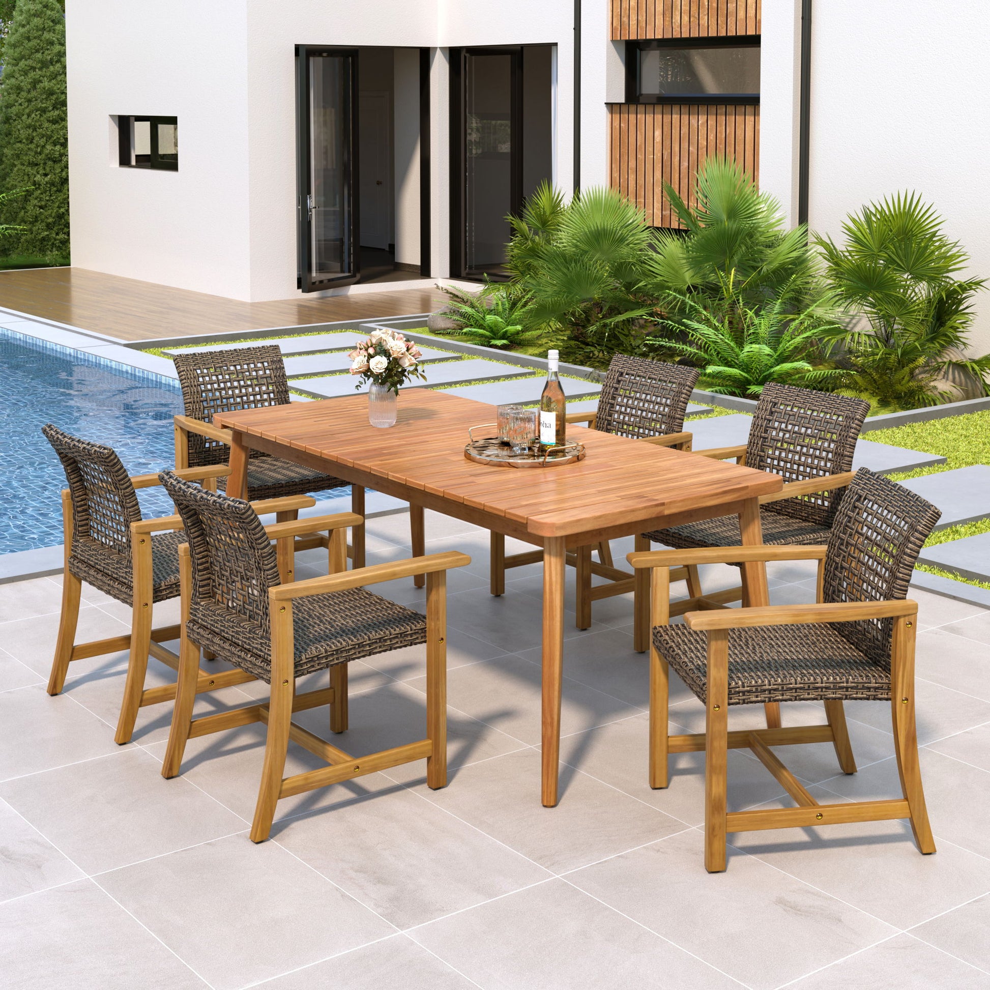 7 Piece Patio Dining Set, Slatted Table & 6 Chairs For Patio Garden - Mocha / Teak Noble House