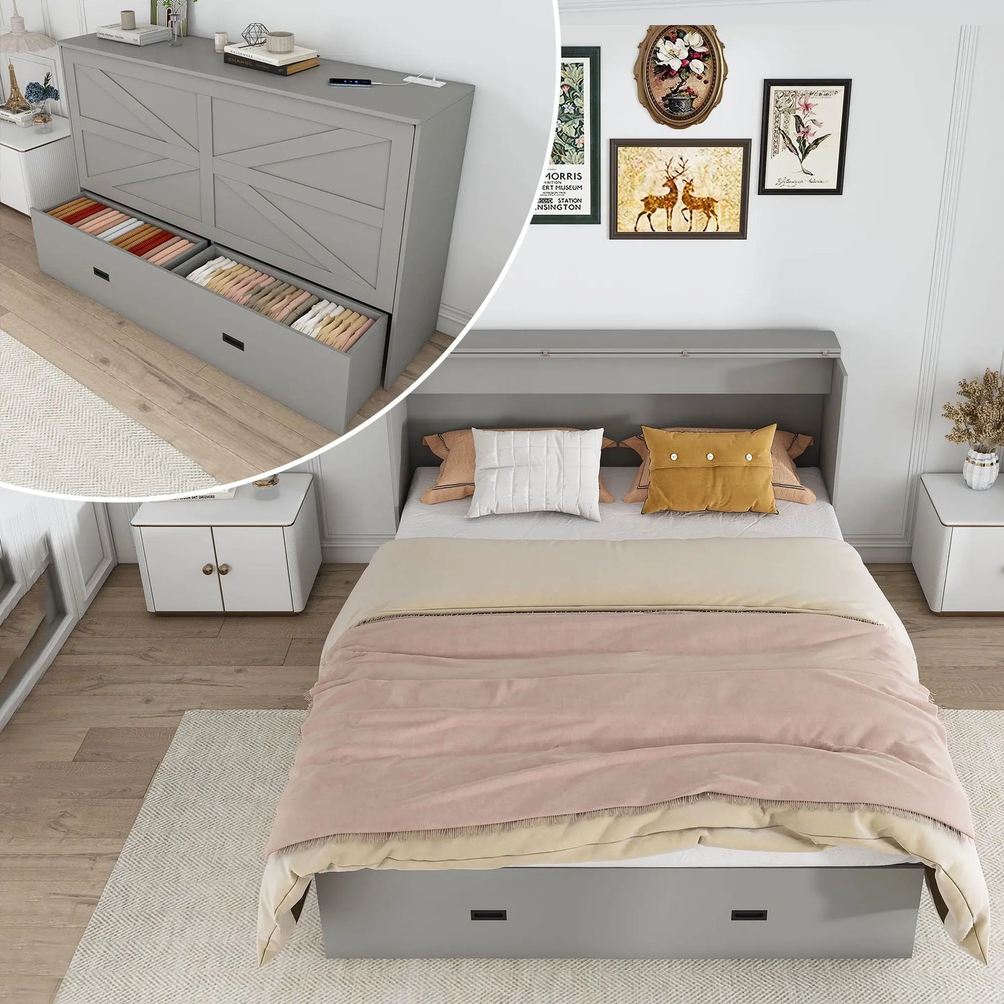 Murphy Bed With Storage Drawers And Charging Cabinet, Foldable Panels, Swivel Wheels Home Essentials