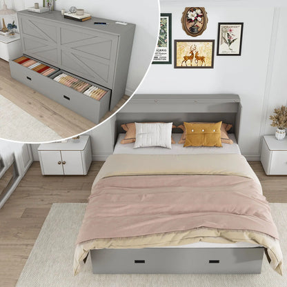 Murphy Bed With Storage Drawers And Charging Cabinet, Foldable Panels, Swivel Wheels Home Essentials
