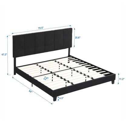 King Size Upholstered Platform Bed Frame With Button Tufted Linen Fabric Headboard, No Box Spring Needed, Wood Slat Support Home Essentials