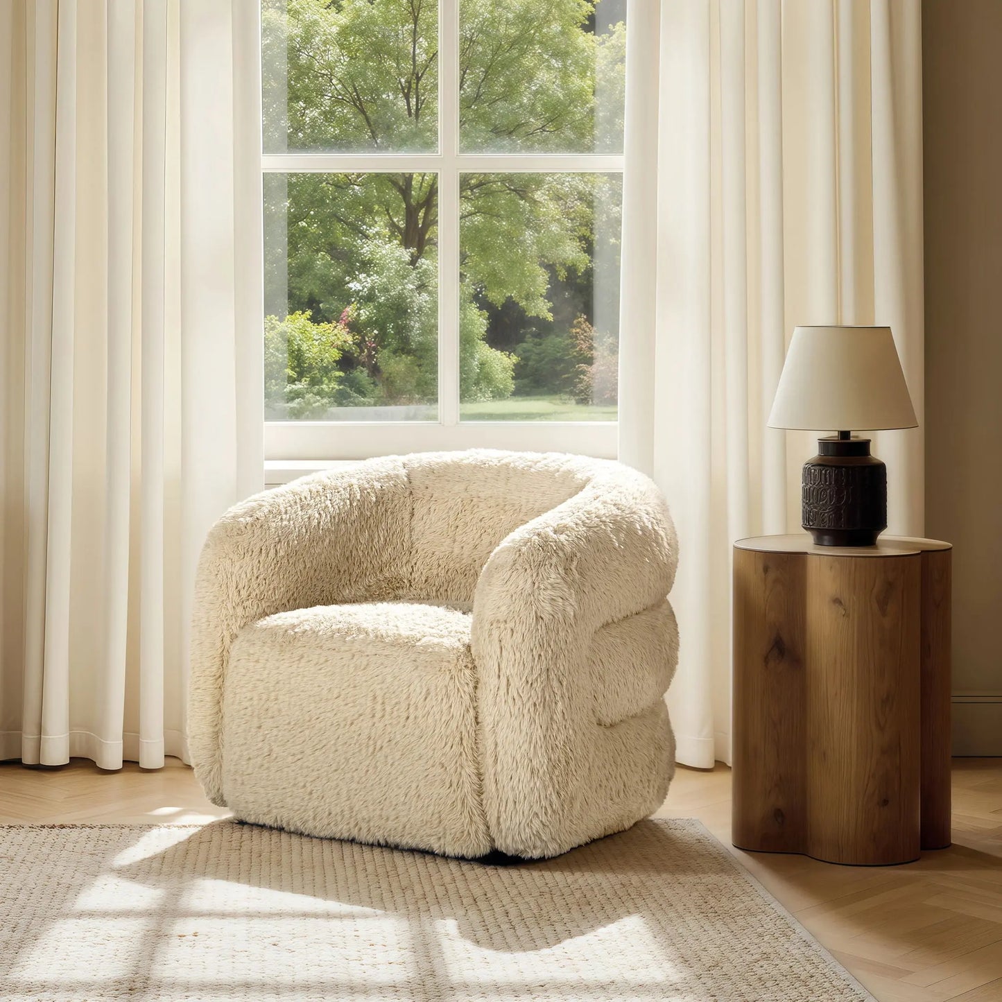 Colt - Fur Swivel Upholstered Barrel Accent Arm Chair - Cream Beige Jennifer Taylor Home