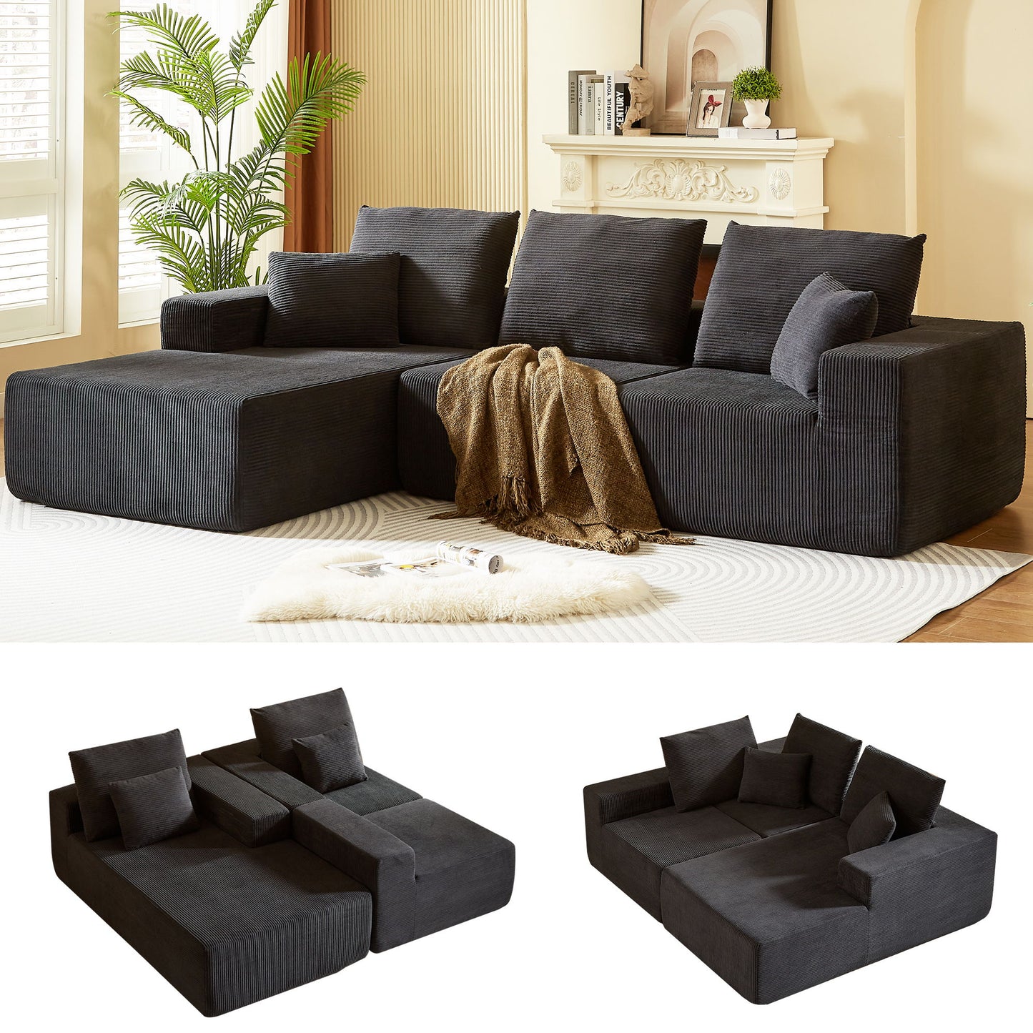 Modular Sectional Sofa With Chaise, L Shaped Cloud Couch With Deep Seat, Sectional Couches For Living Room - Black Home Essentials